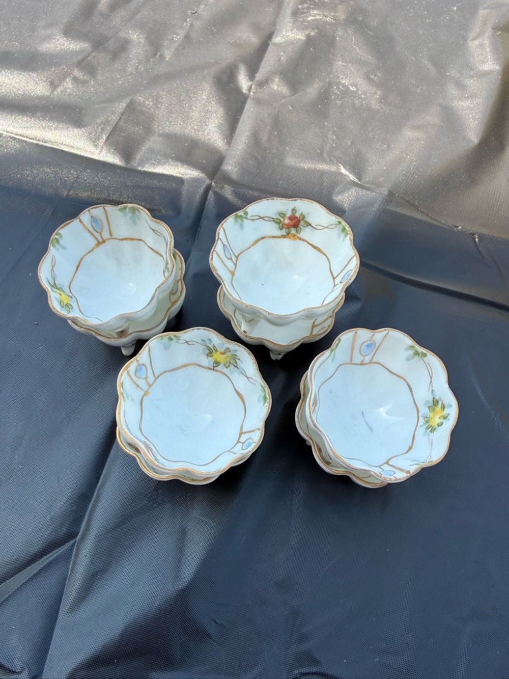 Porcelain Scalloped Salt Cellars with Floral Accents - White, Yellow and gold.